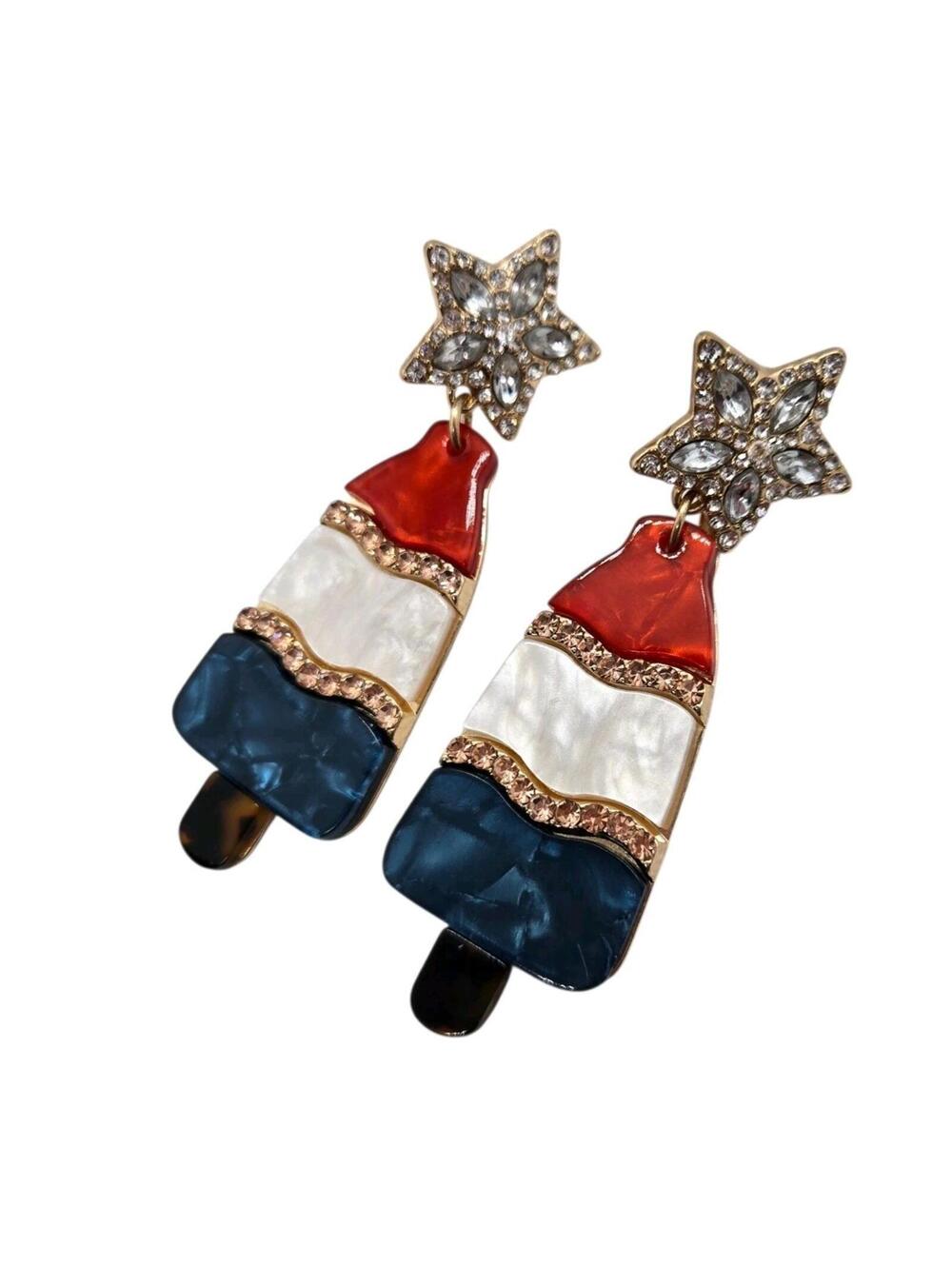 Patriotic Rocket Pop Popsicle Dangle Earrings Red White Blue Star Rhinestone